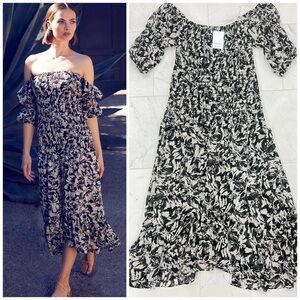 Misa Los Angeles Black & Cream Floral Off-Shoulder Midi Dress